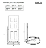 Measurement chart for PaintLine interior door spray and dry system showing dimensions of a door and stand.
