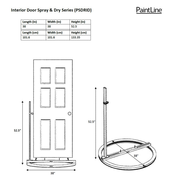 Measurement chart for PaintLine interior door spray and dry system showing dimensions of a door and stand.